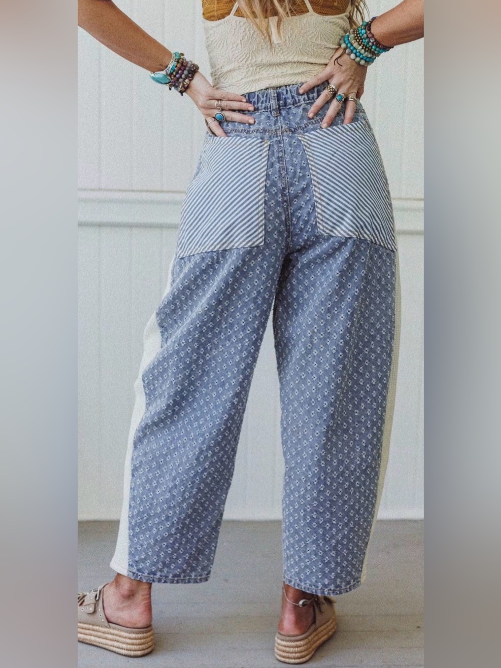 POL Luna Textured Barrel Pants Blue Patchwork Size Medium - Picture 2 of 10